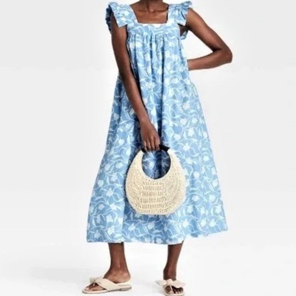 A. New. Day. Linen Blend Blue Floral Ruffled Sleeveless With Pockets Midi Dress
